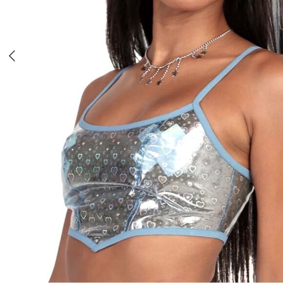 Dolls Kill Holographic Love Hearts Rave Vinyl Cropped Corset Top - Picture 2 of 4